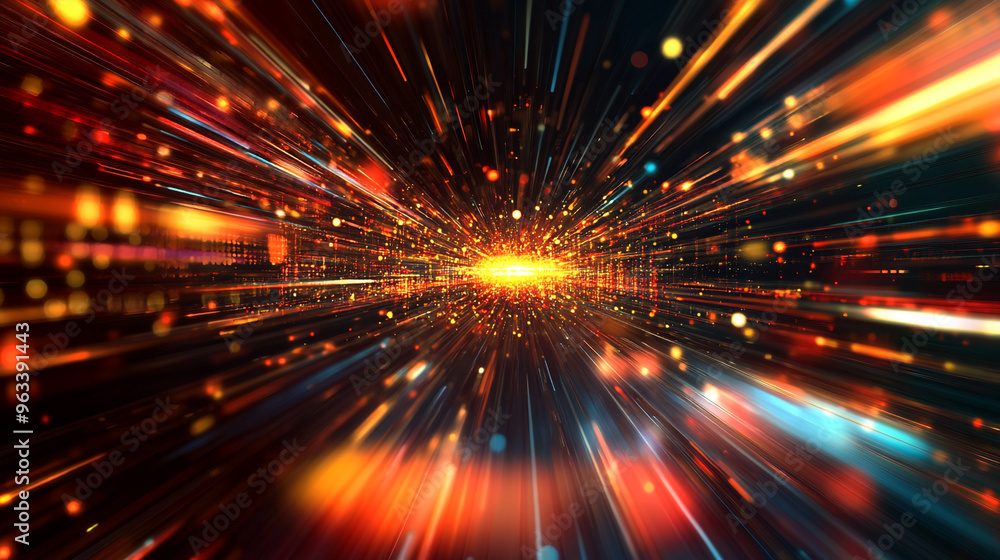 Naklejka premium Dynamic Red and Yellow Glowing Rays on Black Background, Flexible Connection fiber optic. Space digital speed.