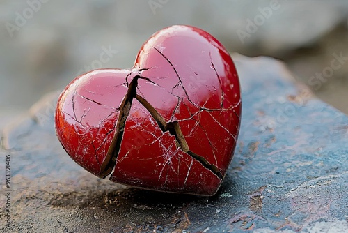 A shattered red heart, symbolizing heartbreak and pain, lies on a rough surface. The cracks and crevices evoke a sense of irreparable loss and broken promises. photo