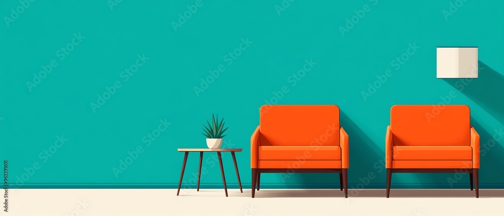 Two orange armchairs and a coffee table in front of a teal wall. Two orange armchairs and a coffee table in front of a teal wall.