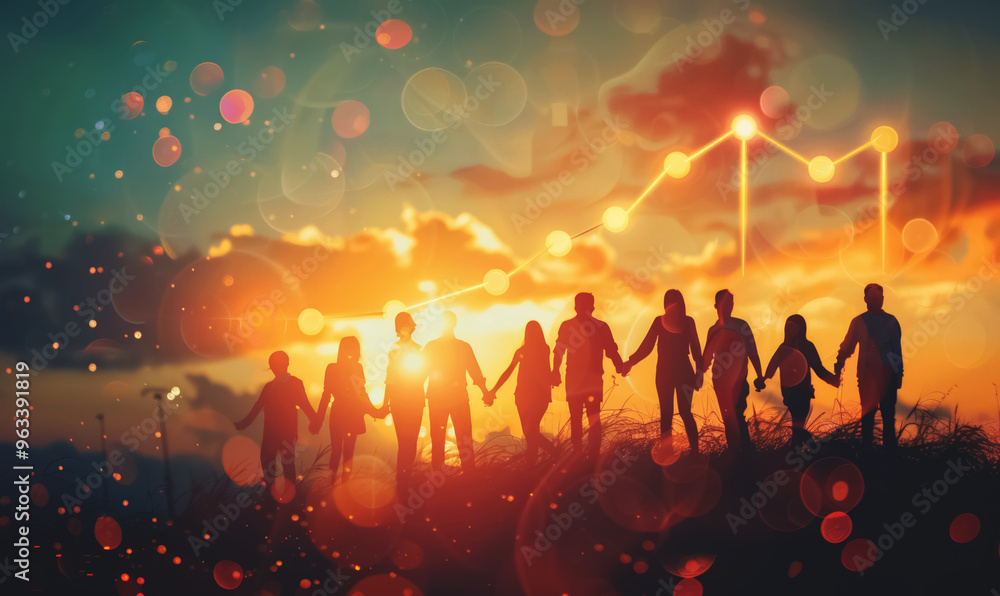 Silhouettes of people holding hands at sunset, symbolizing unity, teamwork, and collaboration. A glowing line graph overlays the image, indicating growth, progress, and success Silhouettes of people holding hands at sunset, symbolizing unity, teamwork, and collaboration. A glowing line graph overlays the image, indicating growth, progress, and success