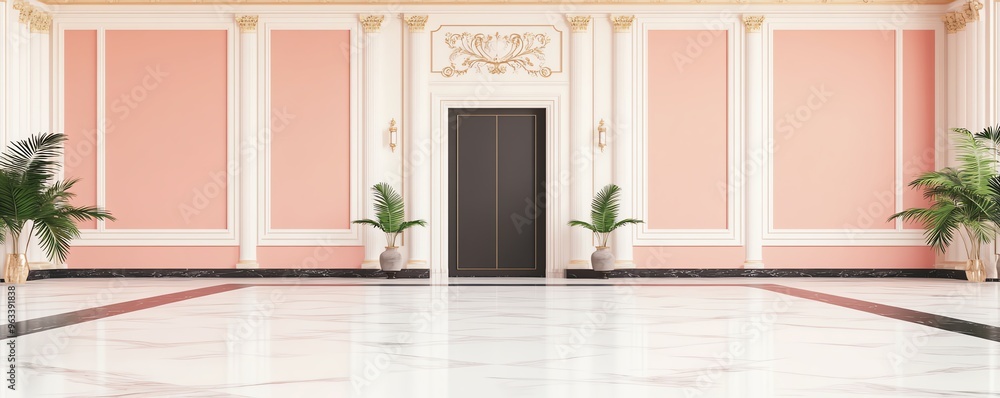 Fototapeta premium Elegant entrance with a double door, pink walls, and marble floor