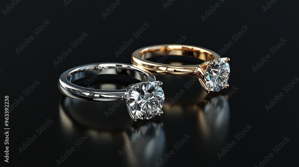 Three-dimensional representation of gold and platinum diamond rings floating on a black background. The notion of a studio for a jewelry store Three-dimensional representation of gold and platinum diamond rings floating on a black background. The notion of a studio for a jewelry store