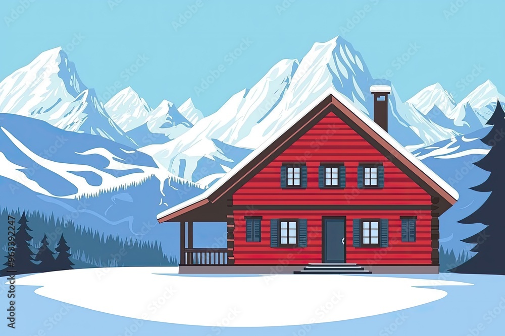 A charming red chalet nestled amidst snow-capped mountains, a picture-perfect winter wonderland. A charming red chalet nestled amidst snow-capped mountains, a picture-perfect winter wonderland.