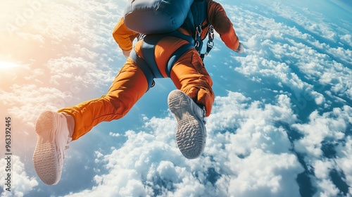 A close-up of a person skydiving, just as they jump out of an airplane. The scene captures the intense moment of freefall.