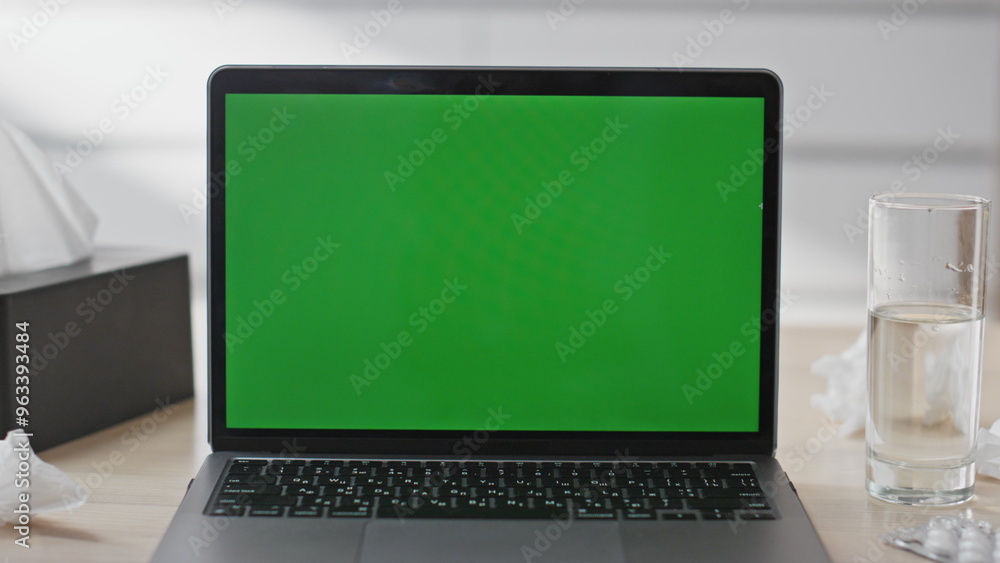 Modern green screen laptop on sick person desk closeup. Tissues and water glass Modern green screen laptop on sick person desk closeup. Tissues and water glass