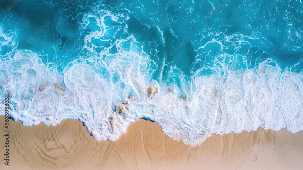 Summer Beach Aerial View with Blue Waves and White Foamy Shore Summer Beach Aerial View with Blue Waves and White Foamy Shore