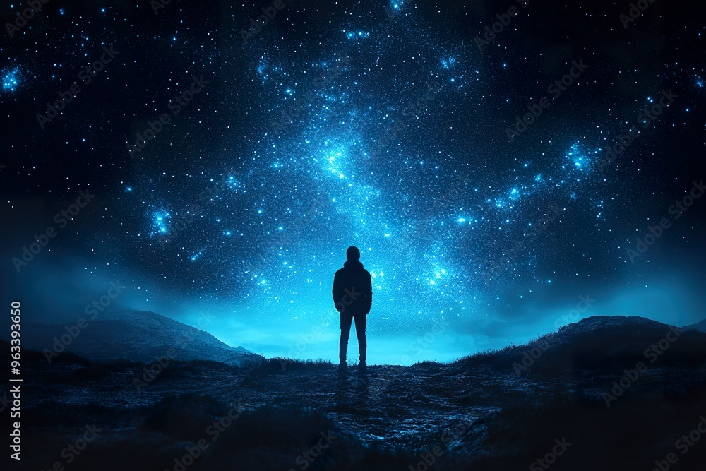 Fototapeta premium A solitary figure standing under a vast starry sky representing awe and introspection