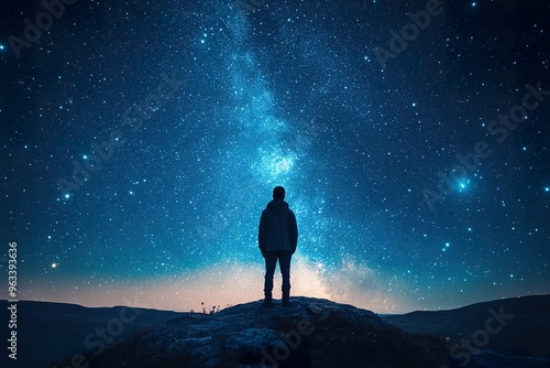 A solitary figure standing under a vast starry sky representing awe and introspection