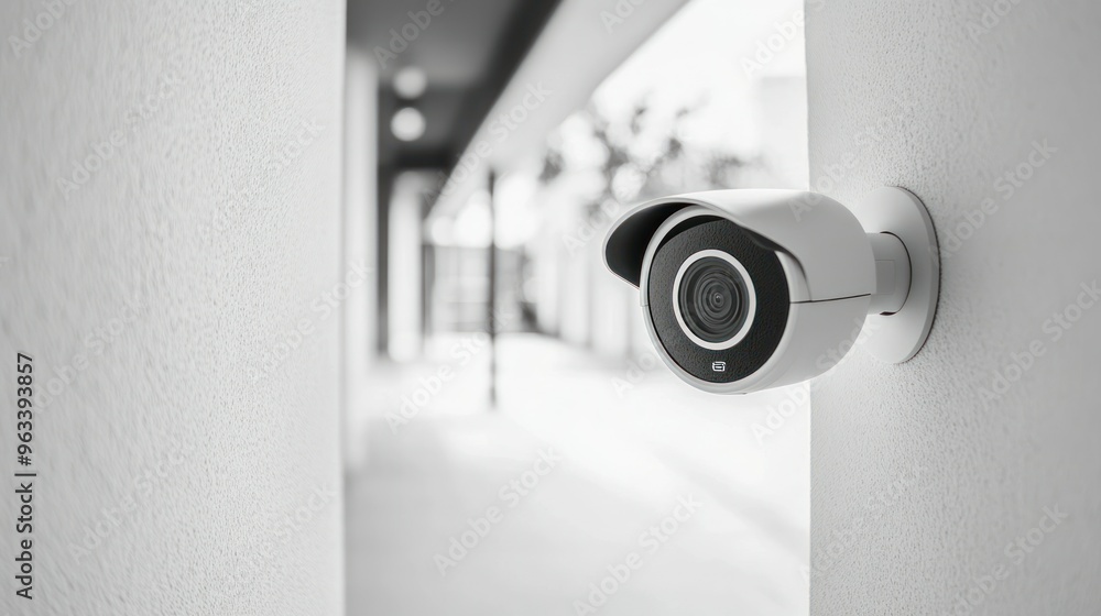 White Security Camera Mounted on Wall in Corridor White Security Camera Mounted on Wall in Corridor