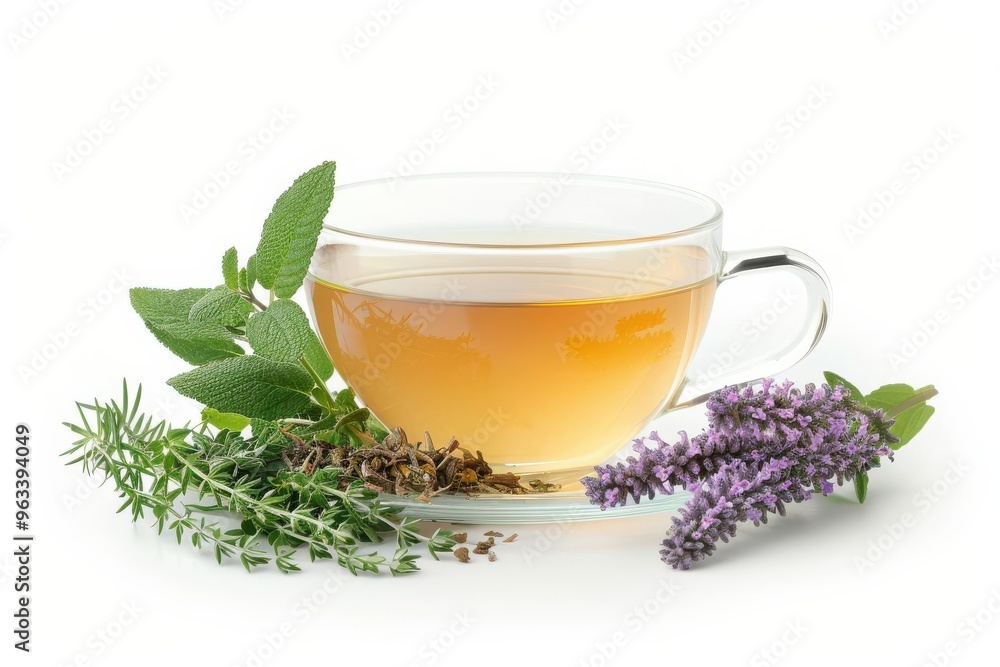 Fototapeta premium Freshly brewed herbal tea, white background, calming beverage
