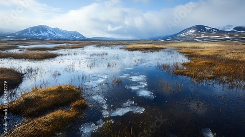 Arctic tundra transforming into wetlands, with melting permafrost releasing water, providing clear space for text and branding.