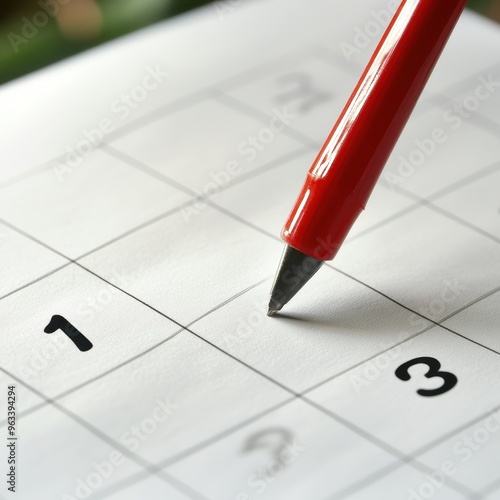 A red pen points to the number 1 on a blank calendar page, suggesting a scheduled event or important date.