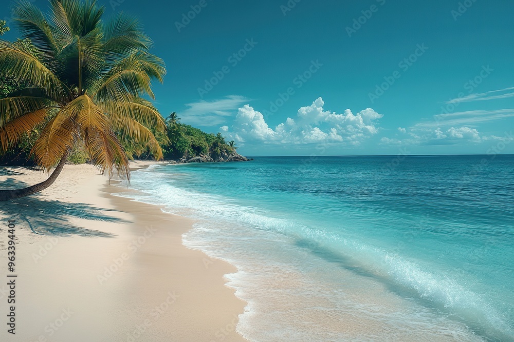 Fototapeta premium A tranquil beach with crystal clear turquoise waters and palm trees swaying in the breeze