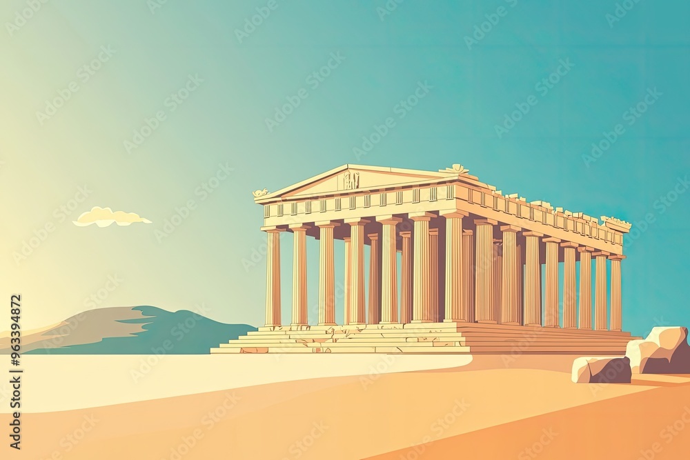 Obraz premium The Parthenon, a majestic Greek temple, stands proudly against a vibrant sunrise, showcasing the enduring power of ancient architecture.