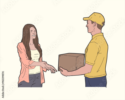 Illustration of delivery man giving package to customer wearing yellow shirt. Flat color vector.