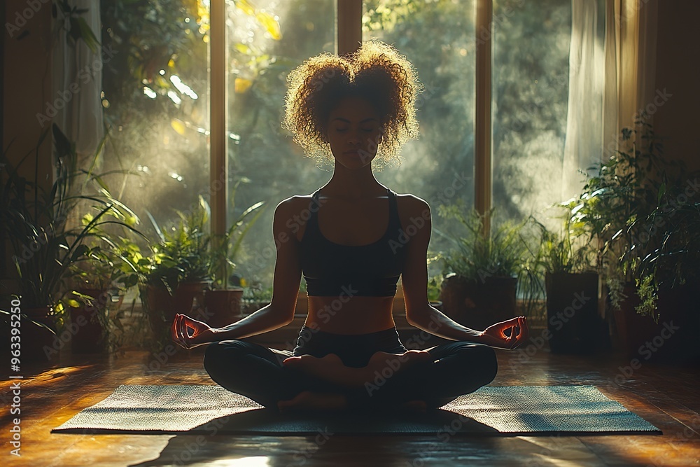 A tranquil scene of a person practicing yoga in a sunlit room with serene surroundings and peaceful ambiance