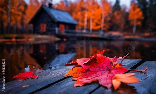 small wooden hut, cottage near the lake with red and orange autumn leaves falling. 