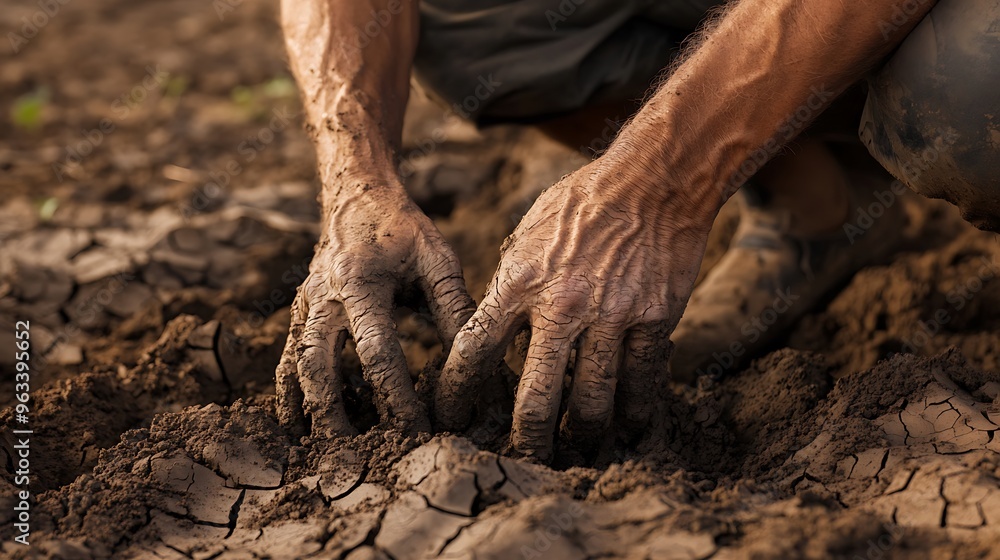 A close-up of a mana??s cracked, dirt-covered hands as he digs into the parched earth of a dried riverbed, capturing the determination to find hope even in the most desolate conditions. A close-up of a mana??s cracked, dirt-covered hands as he digs into the parched earth of a dried riverbed, capturing the determination to find hope even in the most desolate conditions.