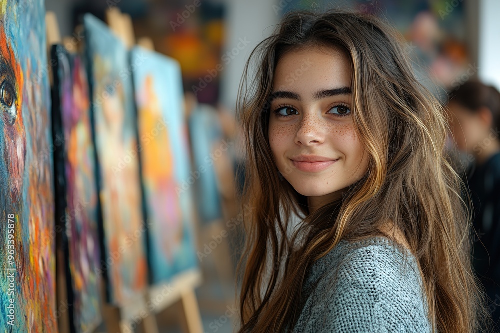 A vibrant bustling art class with students creating colorful paintings and engaging in artistic expression A vibrant bustling art class with students creating colorful paintings and engaging in artistic expression
