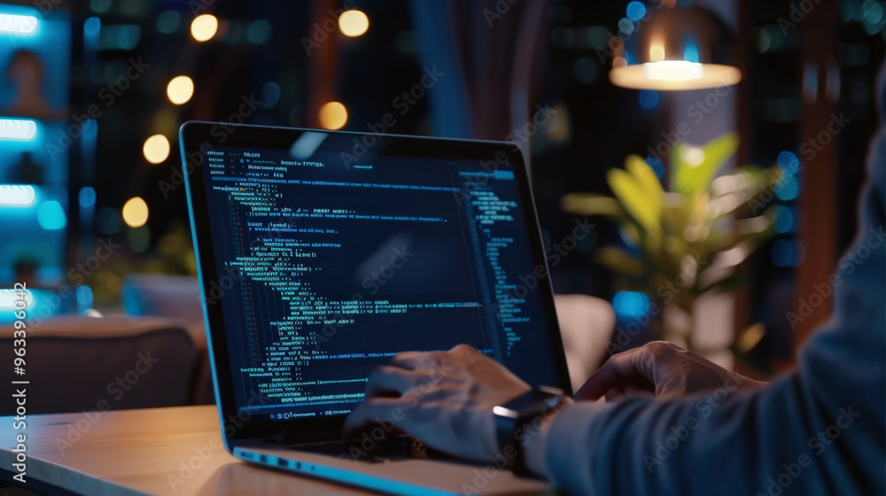 software developer working on a laptop showing code on screen software developer working on a laptop showing code on screen
