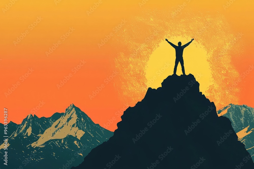 Triumphant Silhouette: A lone figure stands victorious atop a mountain peak, arms raised in celebration against a vibrant sunset. Triumphant Silhouette: A lone figure stands victorious atop a mountain peak, arms raised in celebration against a vibrant sunset.