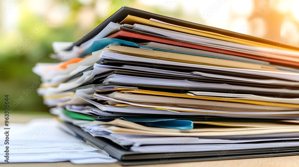 A stacked pile of colorful files and documents, representing organization, work, and office productivity. A stacked pile of colorful files and documents, representing organization, work, and office productivity.