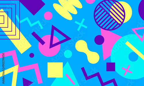 80s background with geometric vector shapes and elements. Colorful abstract composition in Memphis style.