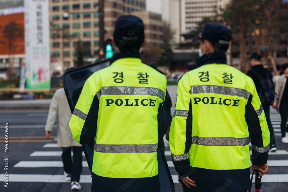 Obraz premium Korean police squad formation in protective uniform with