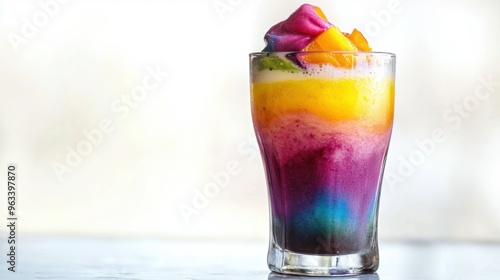 Rainbow Layered Smoothie in Glass with Peach Slices