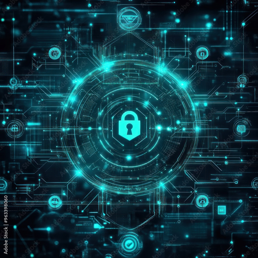 Digital Security System with Glowing Lock Icon in a Circuit Board Interface Digital Security System with Glowing Lock Icon in a Circuit Board Interface