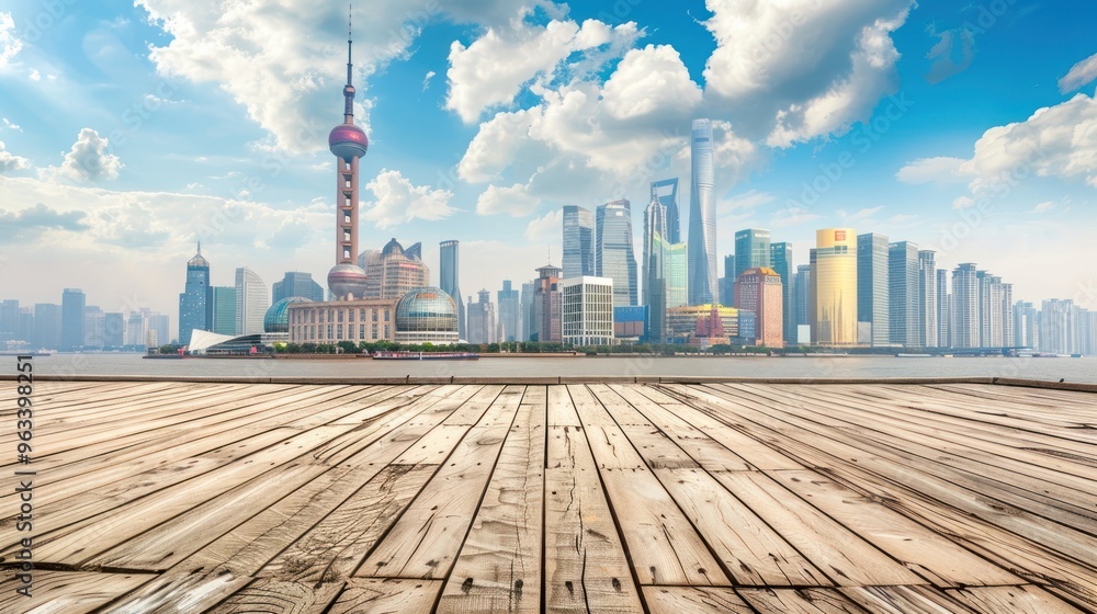 City skyline of Shanghai with modern skyscrapers viewed from a wooden dock. Urban landscape background for design and travel themes. City skyline of Shanghai with modern skyscrapers viewed from a wooden dock. Urban landscape background for design and travel themes.