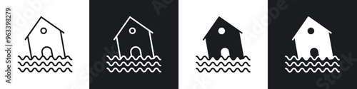 Flooded house icon in filled and stroke