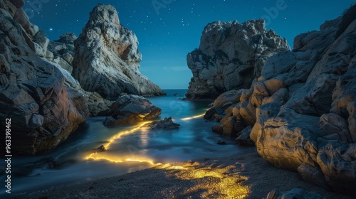 long exposure of a light in a coastal part with sea at night