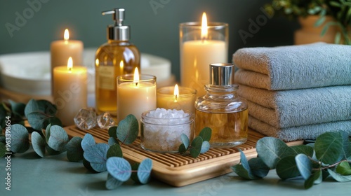 Lit candles and spa bottles on a tray in a relaxing spa setting photo