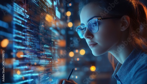 Woman with Glasses Focused on Code on a Screen photo