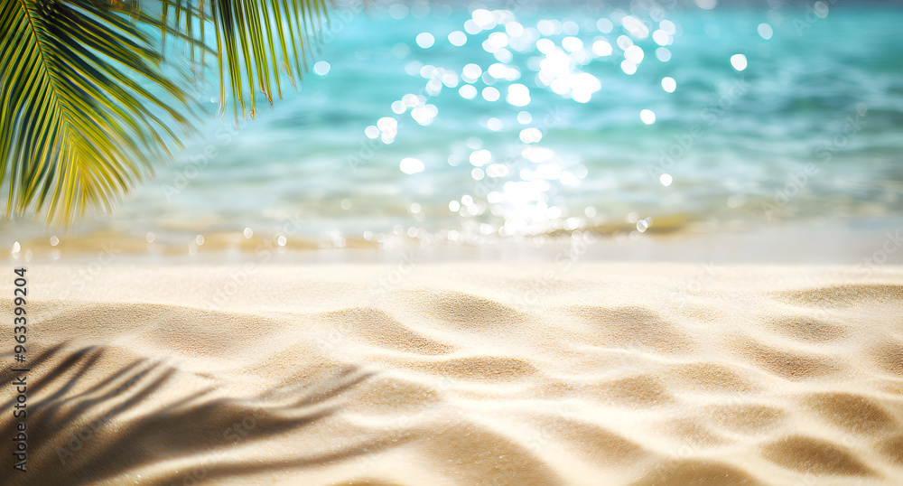 The beach is sunny with clear water, golden sand, and palm leaves, creating a tropical environment The beach is sunny with clear water, golden sand, and palm leaves, creating a tropical environment