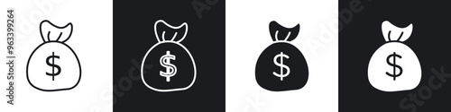 Money bag outlined and solid icon vector collection.