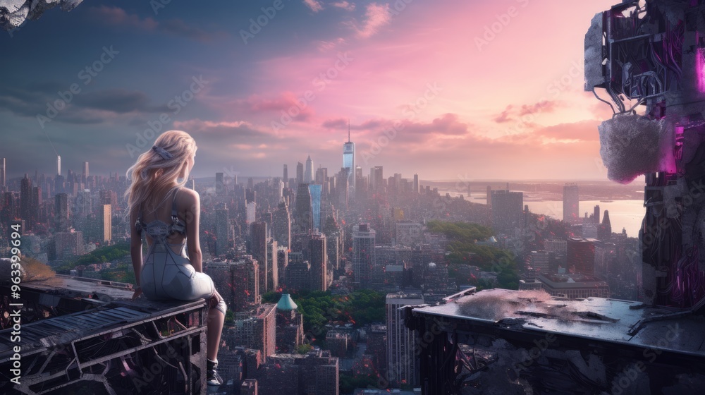 Female robot looking far away to the futuristic cityscape. Neural network ai generated art Female robot looking far away to the futuristic cityscape. Neural network ai generated art