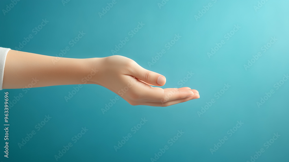 Open hand reaching out against a turquoise background Open hand reaching out against a turquoise background