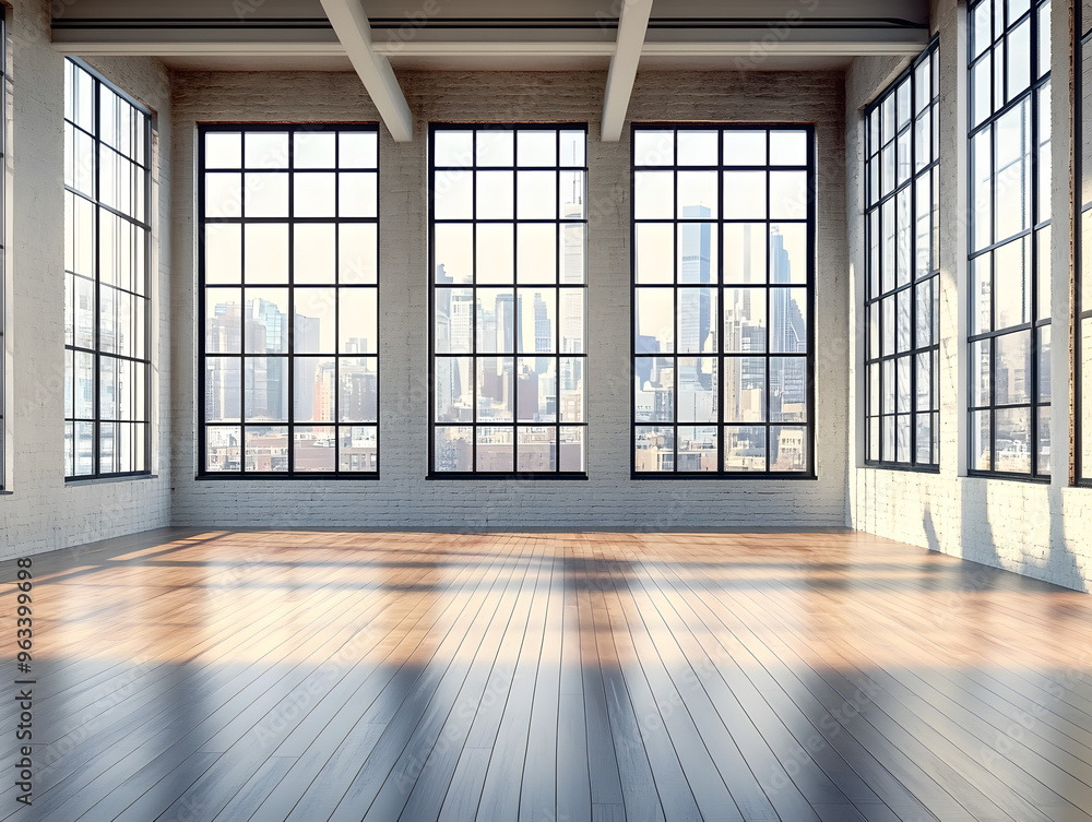 An empty loft room with large windows, wooden floor, and urban view, light. Generative AI An empty loft room with large windows, wooden floor, and urban view, light. Generative AI