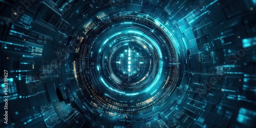 Futuristic Cyberspace with Glowing Blue Rings and Digital Patterns