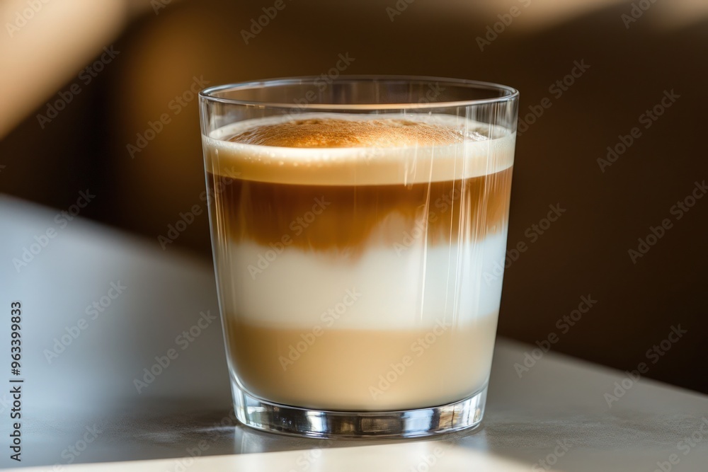 A layered latte macchiato, the espresso delicately suspended over frothed milk, presented in a clear glass. A layered latte macchiato, the espresso delicately suspended over frothed milk, presented in a clear glass.