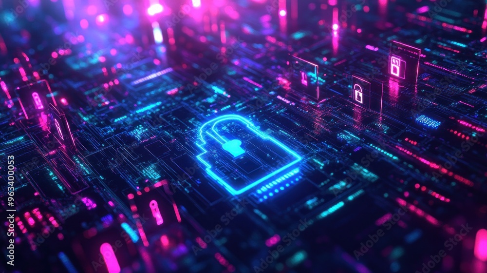 Neon Glowing Lock Icon on Abstract Circuit Board Background Neon Glowing Lock Icon on Abstract Circuit Board Background