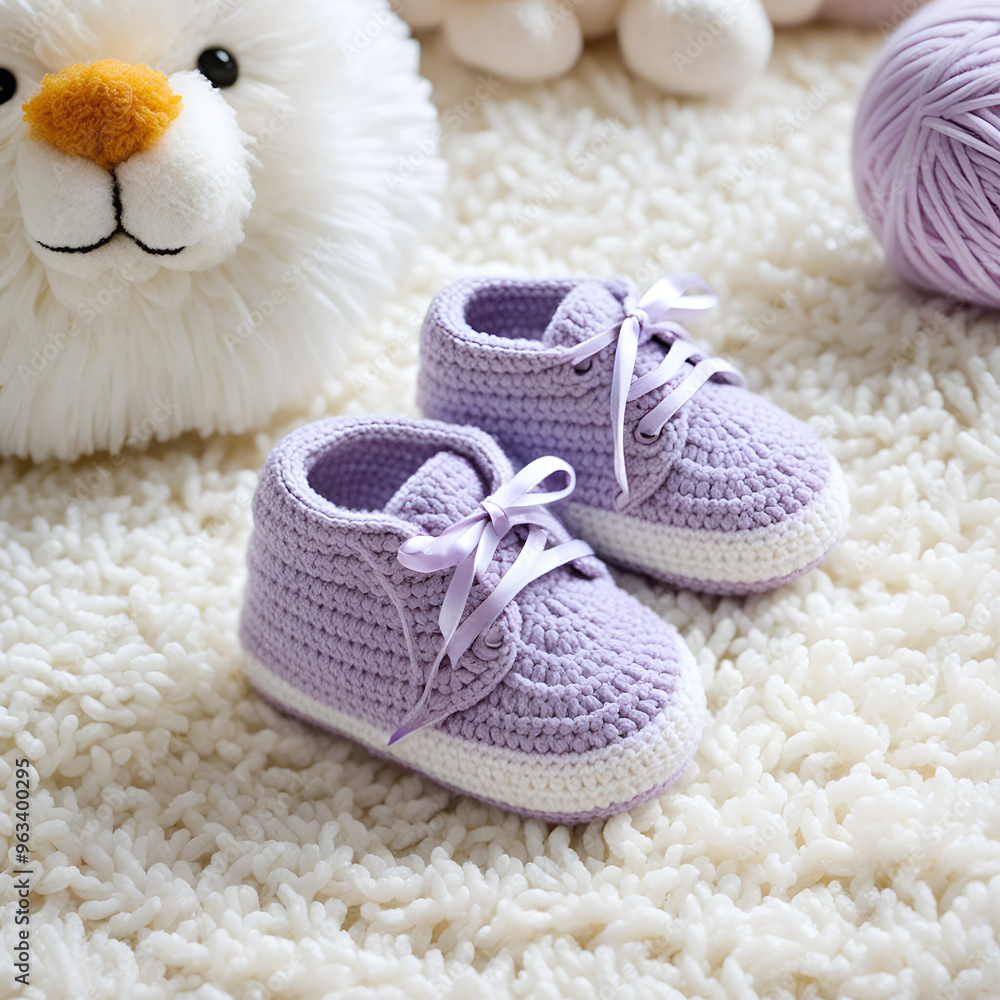 A baby pair of shoes, skillfully crocheted with a light purple and white yarn A baby pair of shoes, skillfully crocheted with a light purple and white yarn