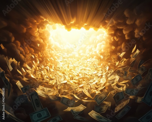 A dramatic scene depicting a burst of golden light with flying banknotes, symbolizing wealth and opportunity. photo