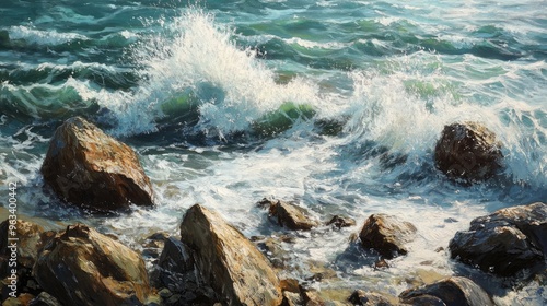 There are pebbles in the water and the ocean is choppy. A dramatic and captivating scene is being created by the waves crashing against the coast. The rocky shoreline adds a sense of ruggedness photo