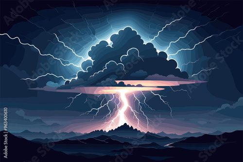 Dramatic Thunderstorm with Lightning Strikes Over Mountains