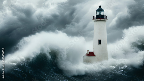 Lighthouse Standing Strong in a Powerful Storm with Dramatic Waves, Inspiring Hope and Resilience, Coastal Nature Photography