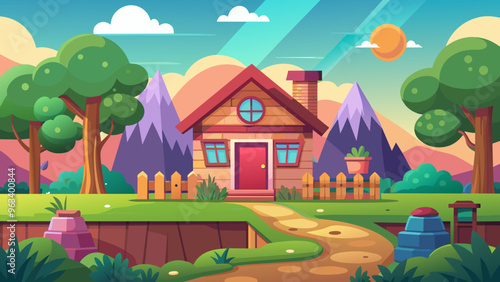 Minimalist kid 2d game background house cartoon vector art illustration