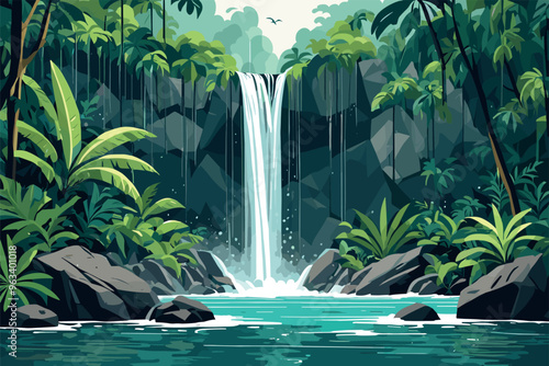 Tropical Waterfall Cascading into a Serene Jungle Pool